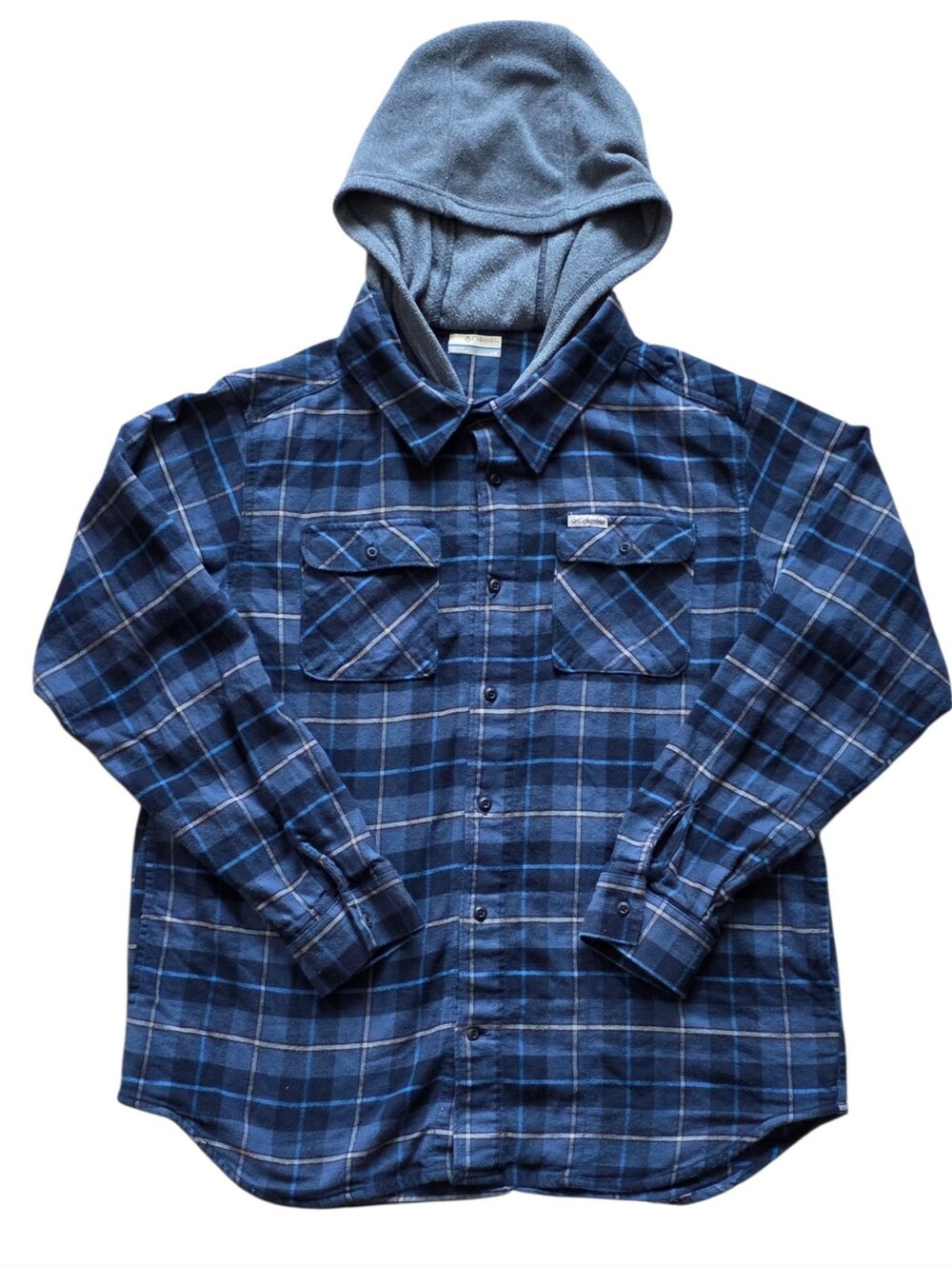 Columbia Large Blue Gray Plaid Omni Wick Plaid Hooded Button Up Flannel Jacket